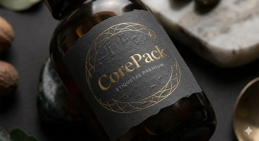CorePack — Etiquetas premium con stamping dorado